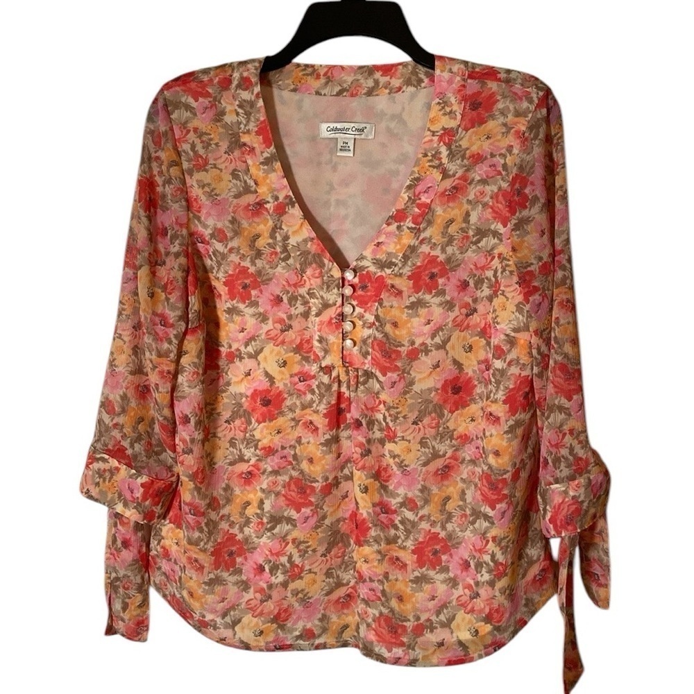 Vintage Coldwater Creek Pink Floral Blouse With Tie 3/4 Inch Sleeves Size MP
